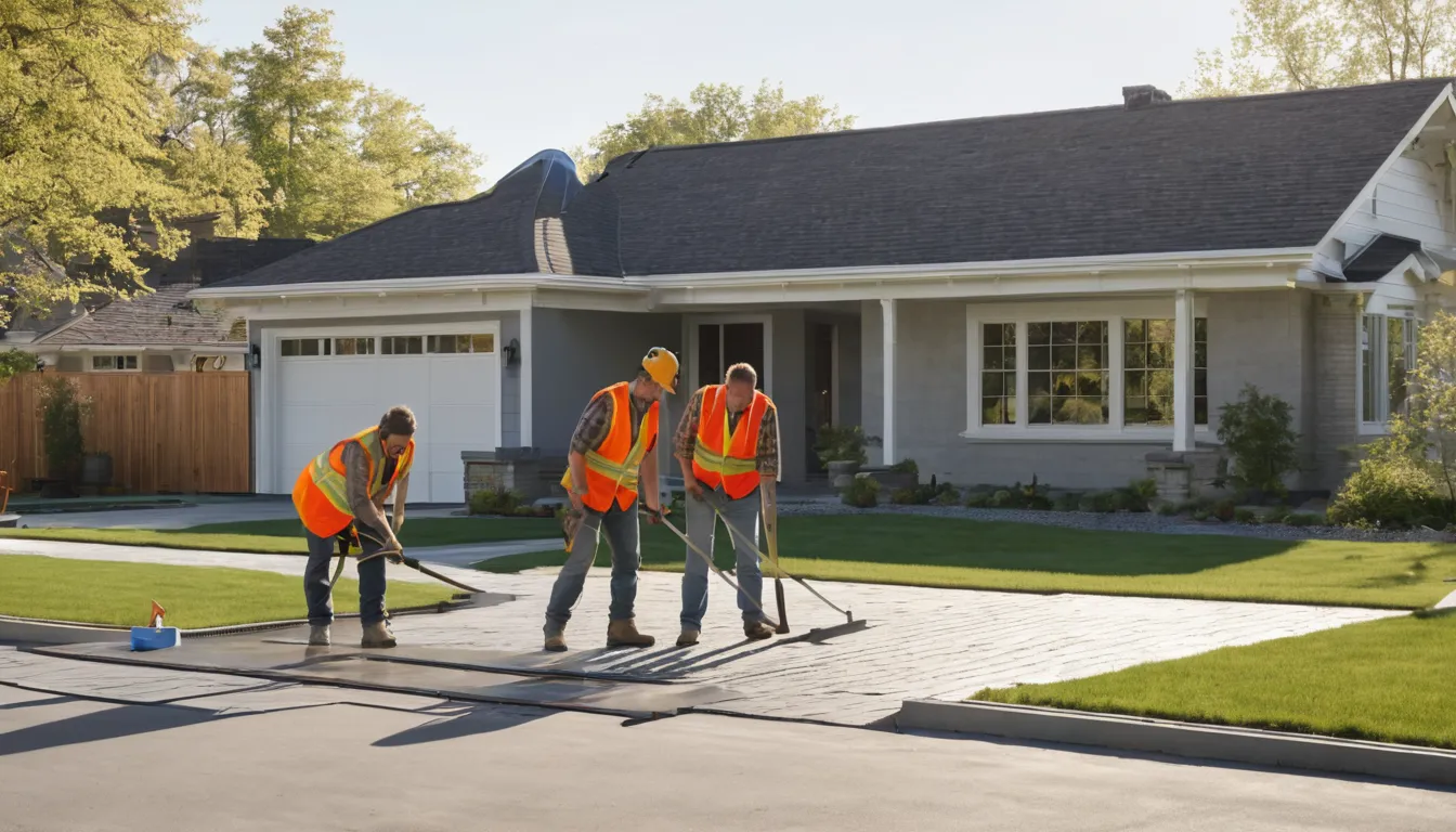 Freshly poured concrete driveway beside a brick ranch home in the Arlington Heights area