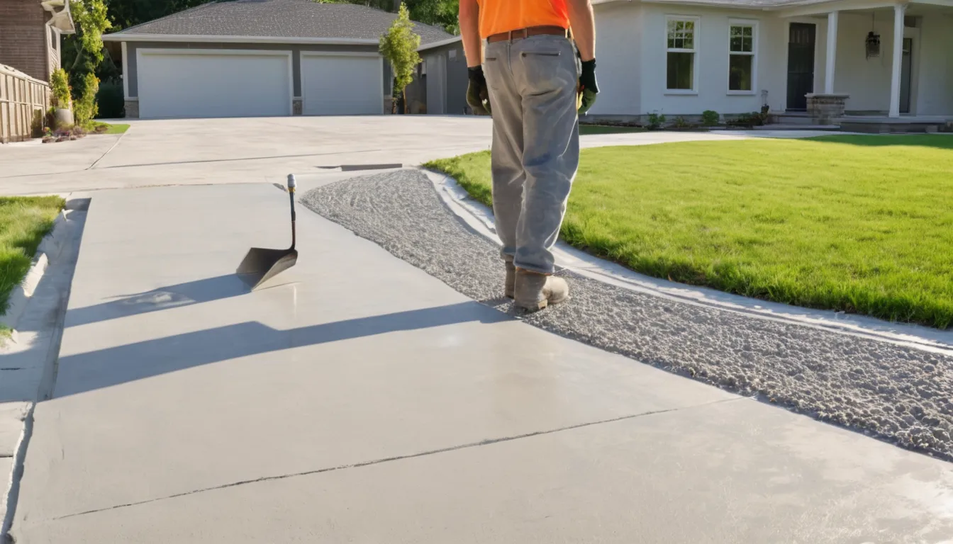 A new broom-finished concrete driveway beside a brick ranch home in Arlington Heights